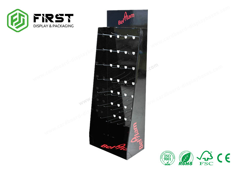 Supermarket Retail Pop Displays Stand Cardboard Paper Hanging Floor Display With Hook
